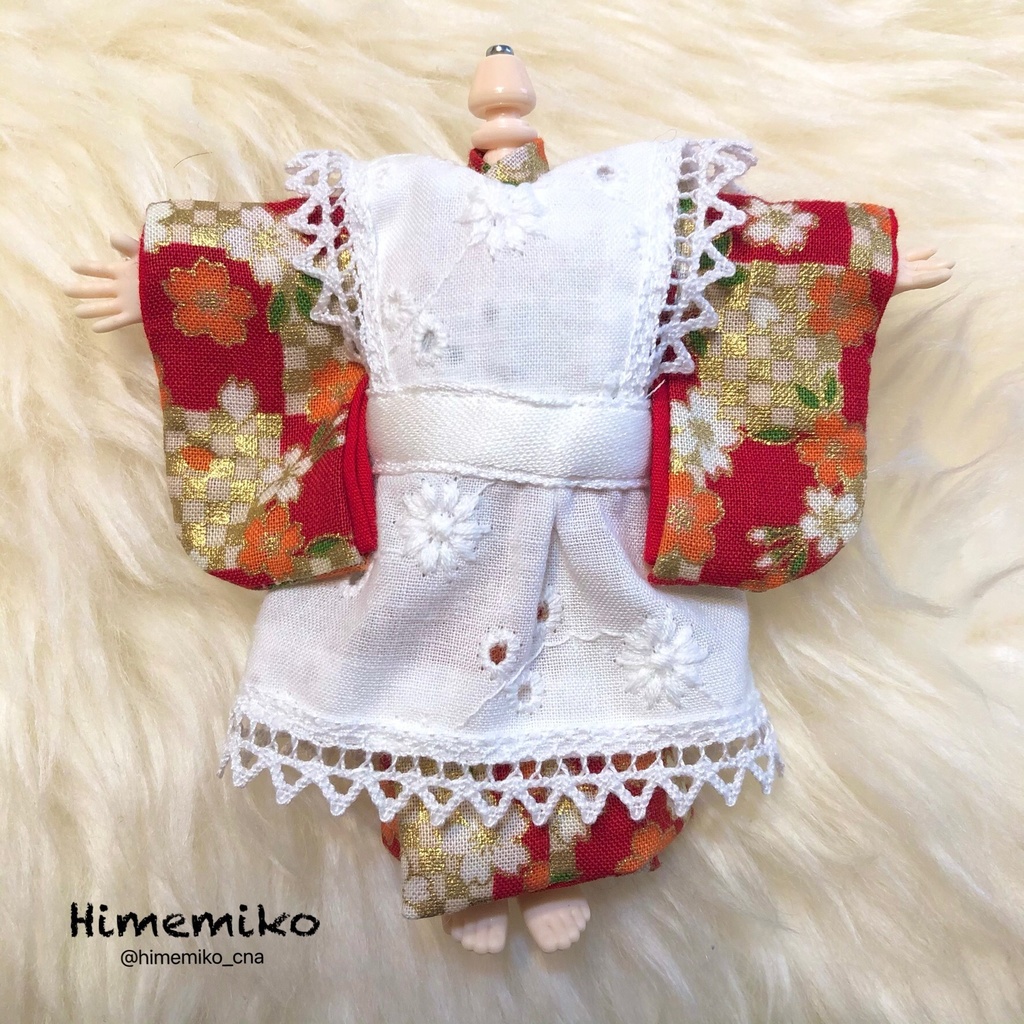 【オビツ11】大正ロマン風着物セット(紅・市松桜柄 / ふくろう柄帯)