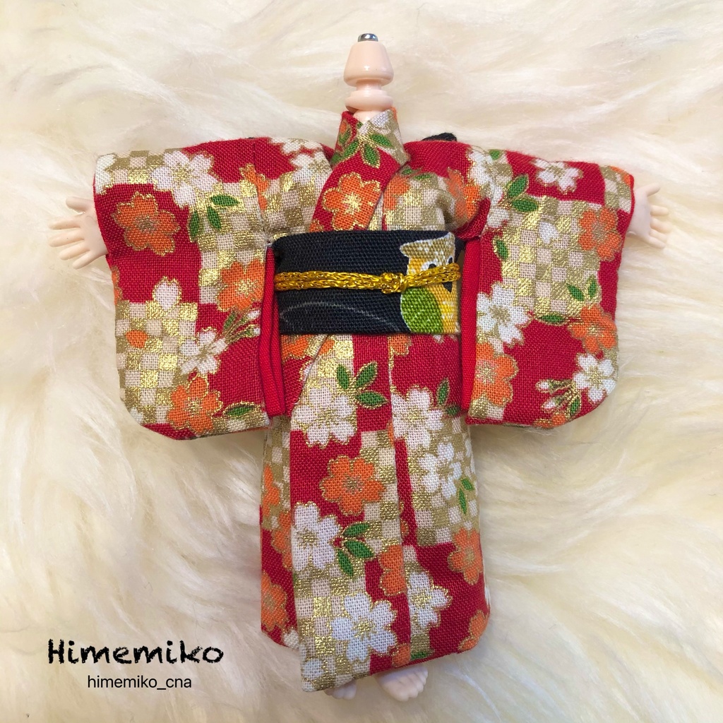 【オビツ11】大正ロマン風着物セット(紅・市松桜柄 / ふくろう柄帯)