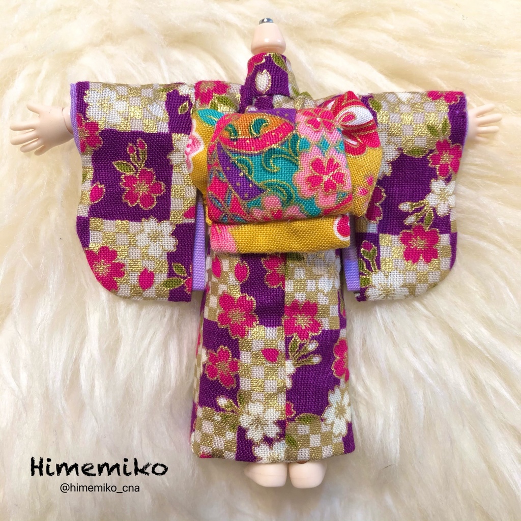 【オビツ11】大正ロマン風着物セット(紫・市松桜柄/山吹花柄帯)