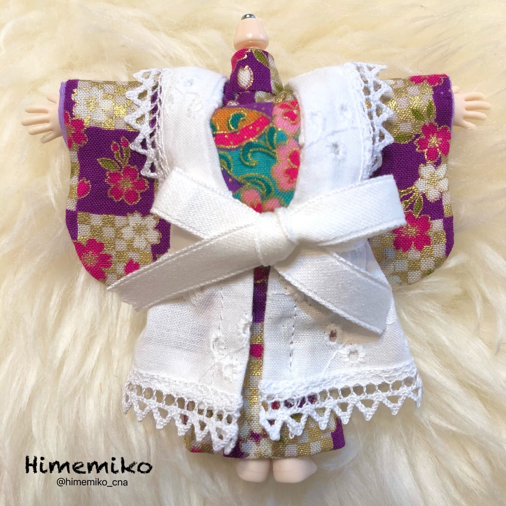 【オビツ11】大正ロマン風着物セット(紫・市松桜柄/山吹花柄帯)