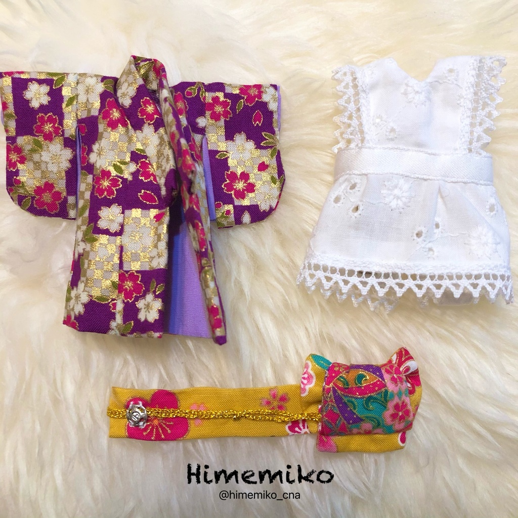 【オビツ11】大正ロマン風着物セット(紫・市松桜柄/山吹花柄帯)