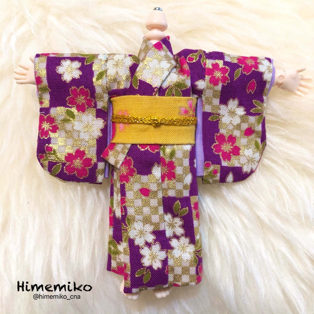 【オビツ11】大正ロマン風着物セット(紫・市松桜柄/山吹花柄帯)