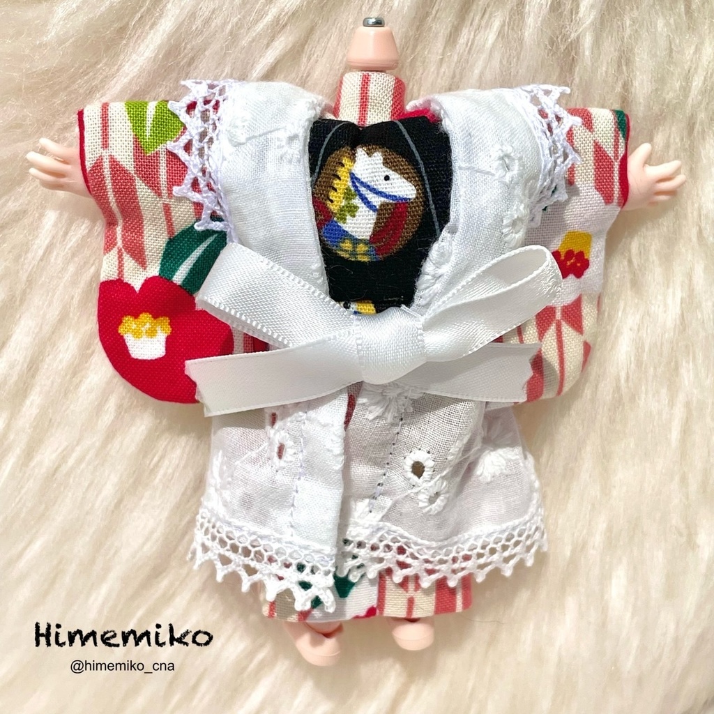 ※4/8リニューアル【オビツ11】大正ロマン風着物セット(椿柄/宝づくし・馬帯)