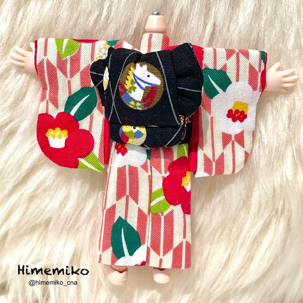 ※4/8リニューアル【オビツ11】大正ロマン風着物セット(椿柄/宝づくし・馬帯)