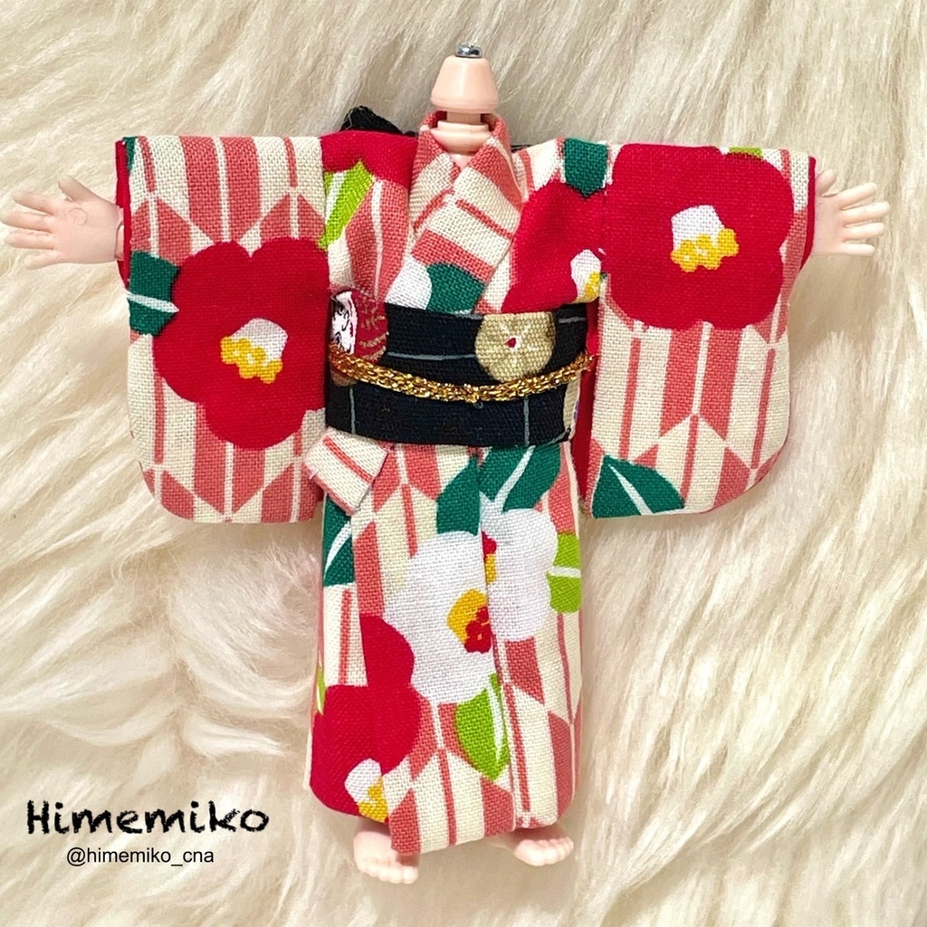 ※4/8リニューアル【オビツ11】大正ロマン風着物セット(椿柄/宝づくし・馬帯)