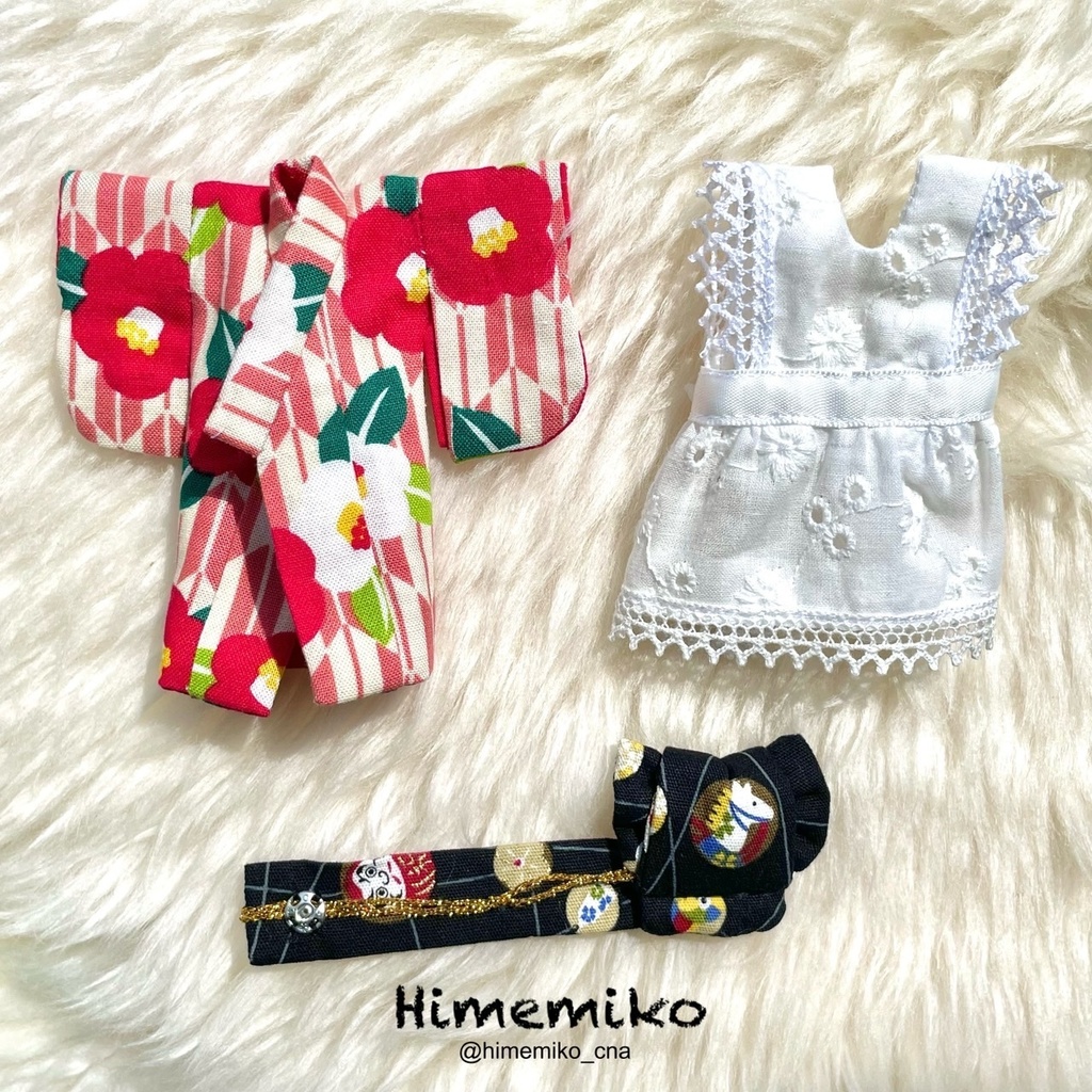 ※4/8リニューアル【オビツ11】大正ロマン風着物セット(椿柄/宝づくし・馬帯)