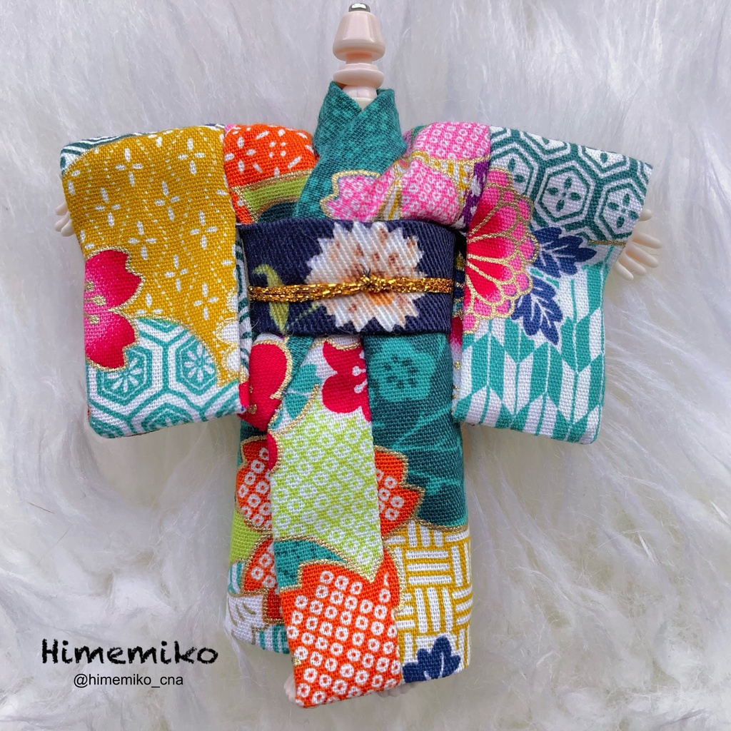 【オビツ11】大正ロマン風エプロン着物セット(青緑/花と雲取り/八車菊帯)