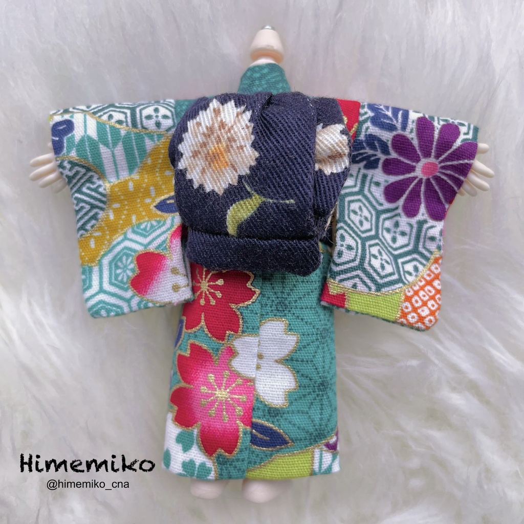 【オビツ11】大正ロマン風エプロン着物セット(青緑/花と雲取り/八車菊帯)