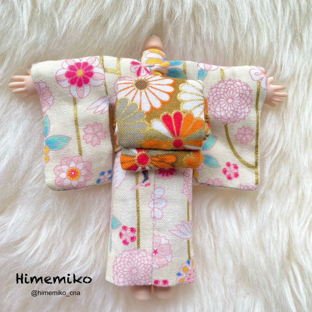 リニューアル【オビツ11】大正ロマン羽織・着物セット(梅柄羽織/生成り鶴菊柄・菊柄帯)