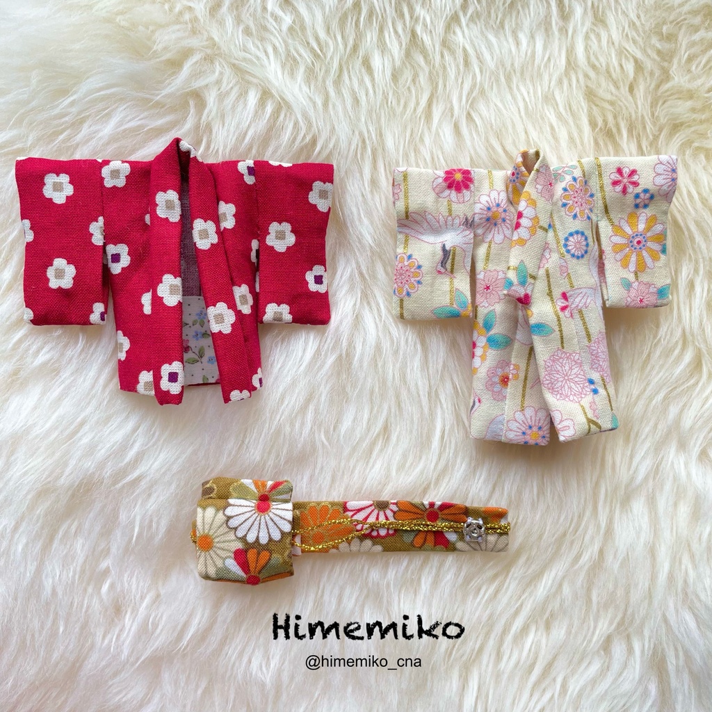 リニューアル【オビツ11】大正ロマン羽織・着物セット(梅柄羽織/生成り鶴菊柄・菊柄帯)