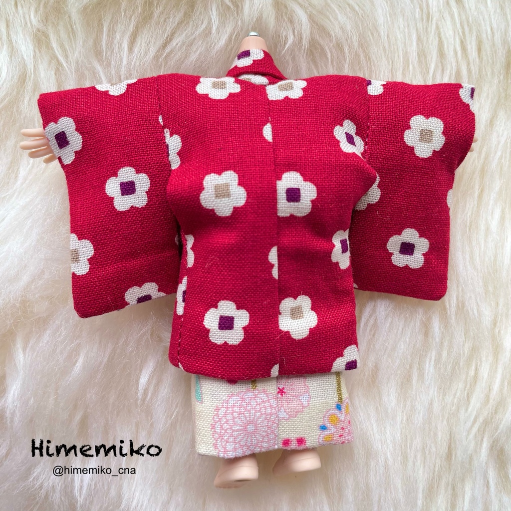 リニューアル【オビツ11】大正ロマン羽織・着物セット(梅柄羽織/生成り鶴菊柄・菊柄帯)