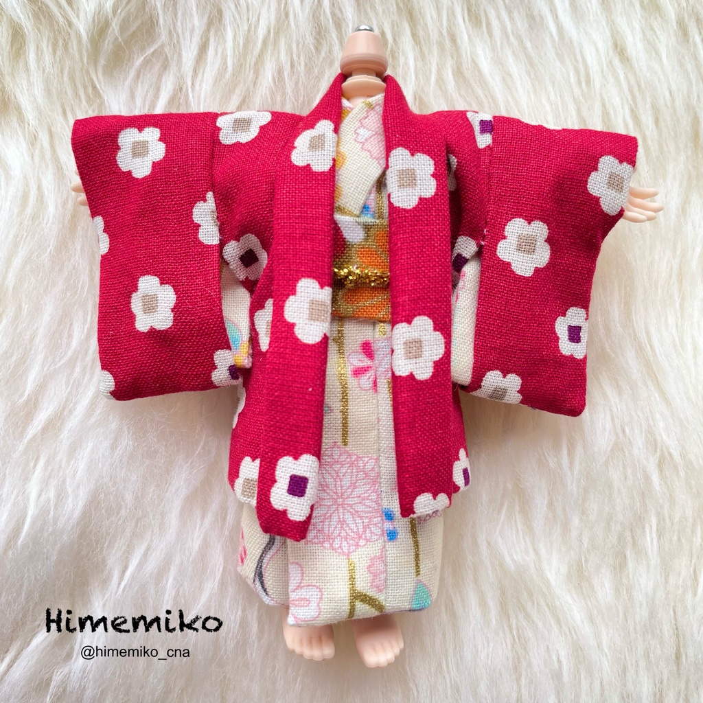 リニューアル【オビツ11】大正ロマン羽織・着物セット(梅柄羽織/生成り鶴菊柄・菊柄帯)