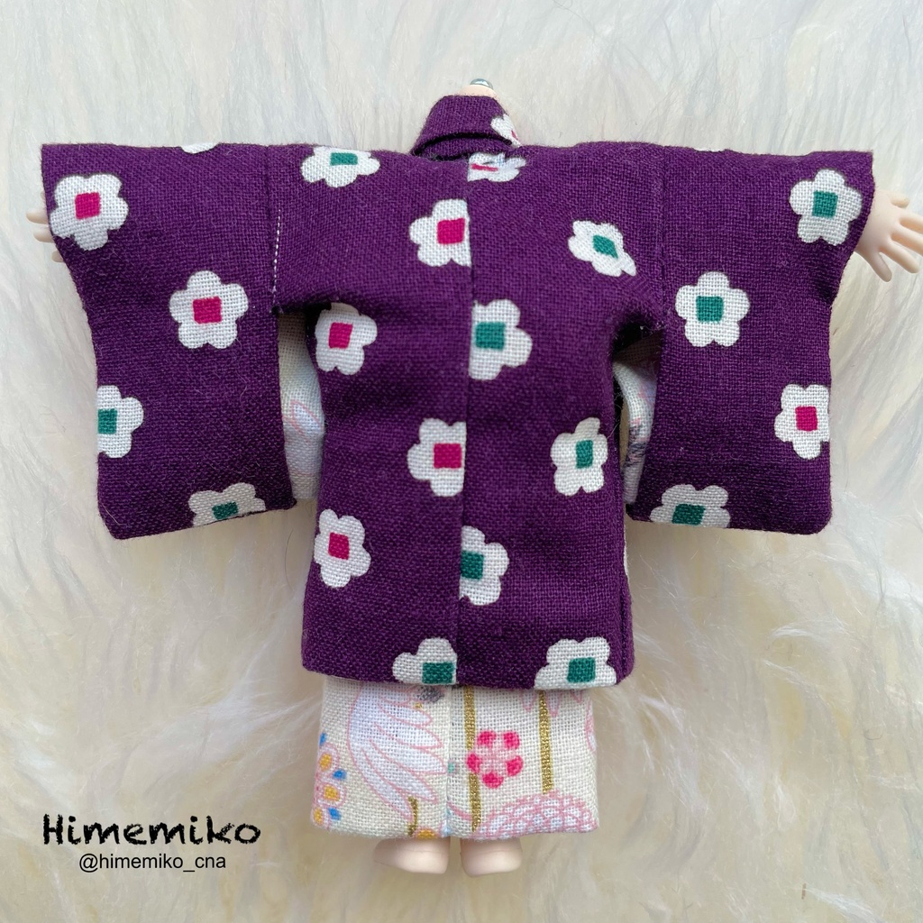 リニューアル【オビツ11】大正ロマン羽織・着物セット(梅柄羽織/生成り鶴菊柄・菊柄帯)