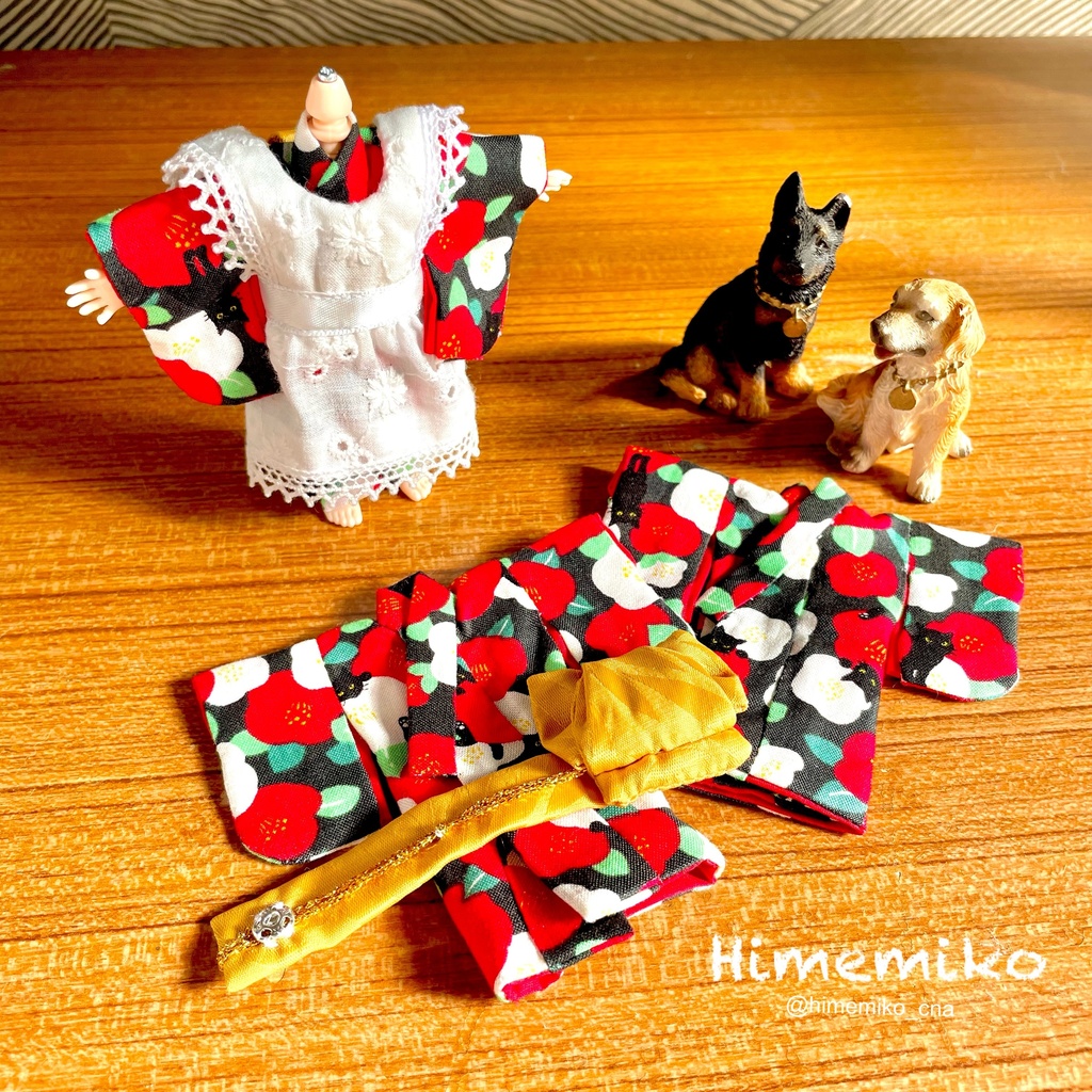 新作【オビツ11】大正ロマン風着物セット/黒猫椿柄・金茶帯