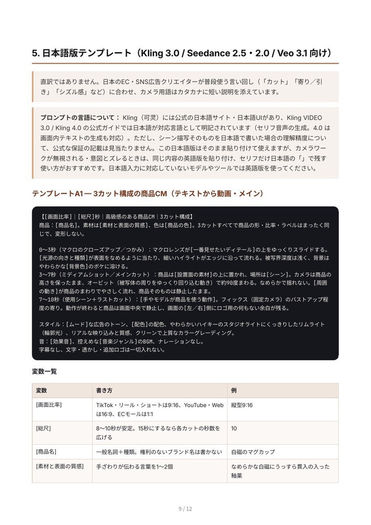 【AI動画プロンプト集】商品CM・広告動画を3カットで|EC・SNS広告向け|Kling・Seedance対応