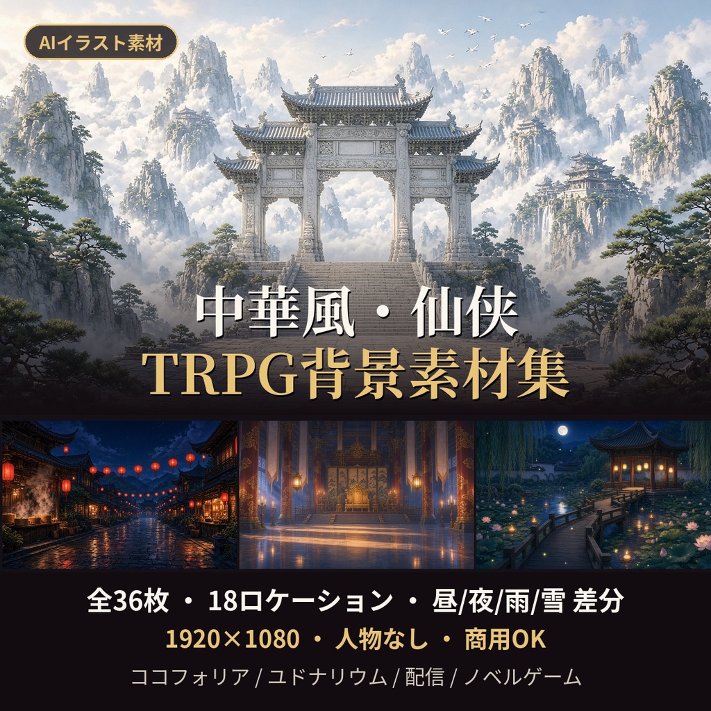 【AIイラスト】中華風・仙侠 TRPG背景素材36枚｜ココフォリア・配信・ノベルゲーム向け【昼夜差分】