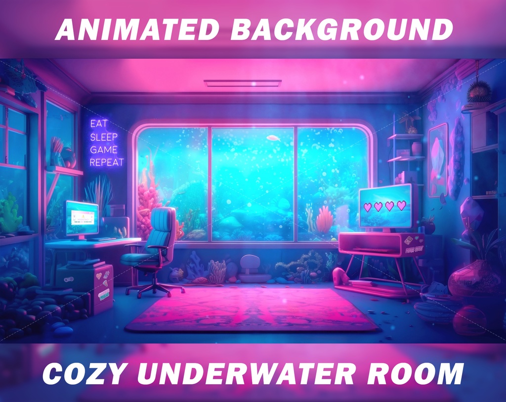 Animated Vtuber Background, Underwater room, cozy room, pastel goth