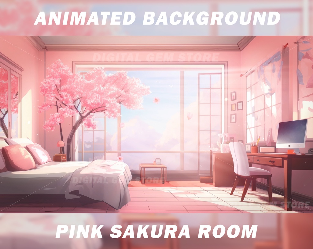 Vtuber animated background for Twitch, Pink Sakura Room background, cute anime, Cherry blossom