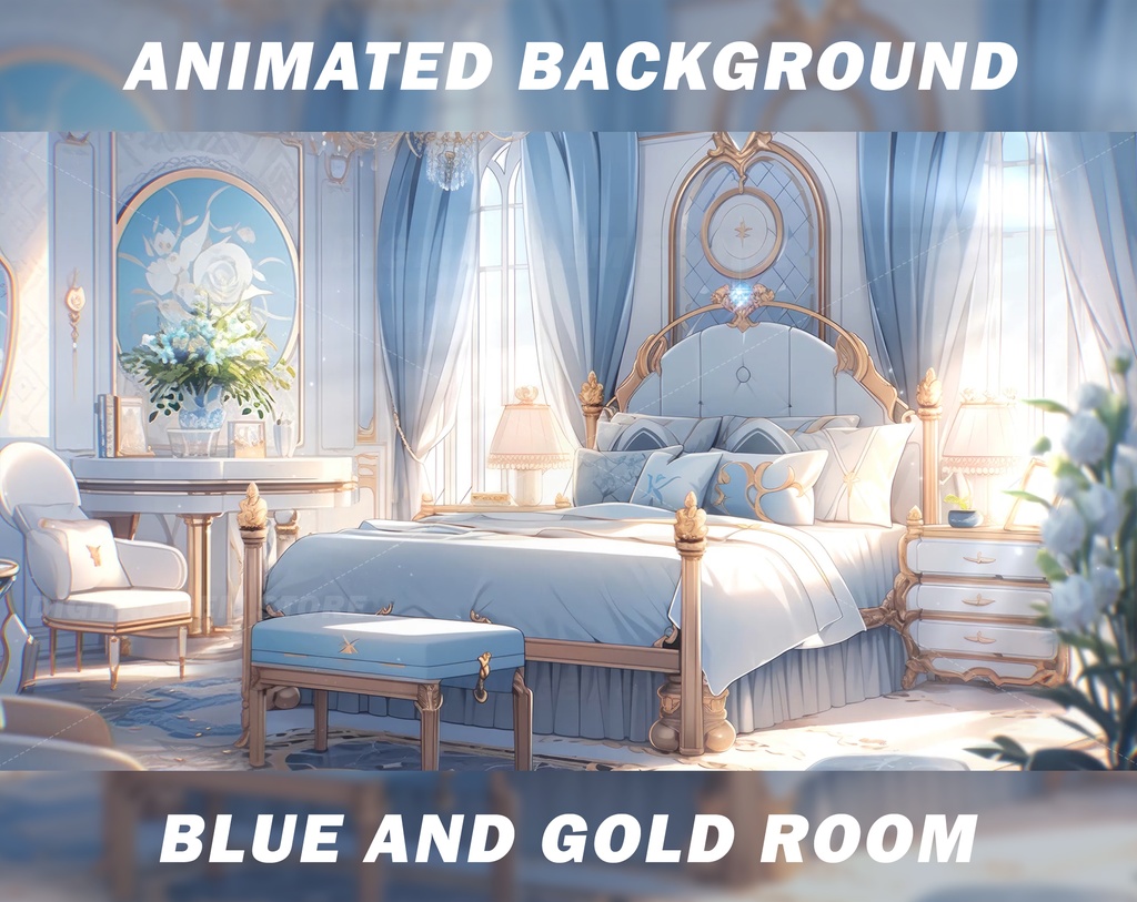Animated Vtuber Background for Twitch, Angelic blue and gold bedroom, Dreamy princess vtuber room, stream background, looped background