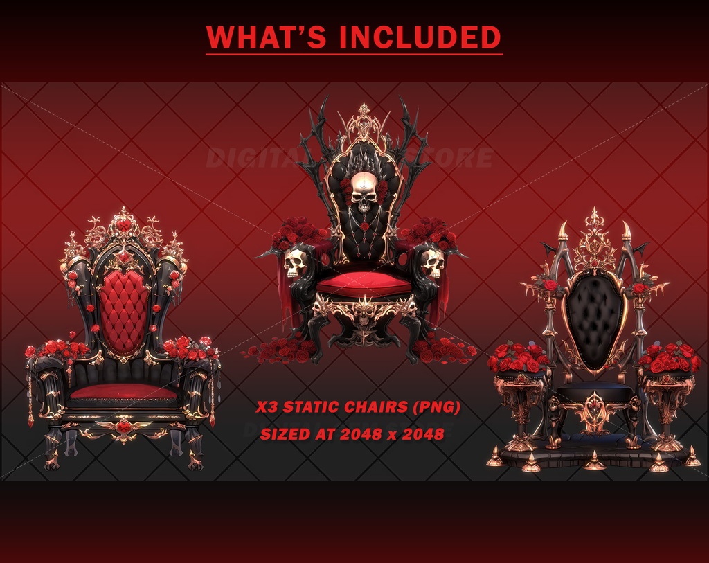 3x Vtuber Gaming Chair, Gothic vampire, red rose, romantic, assets, VTuber, horror, halloween, red, black, gold