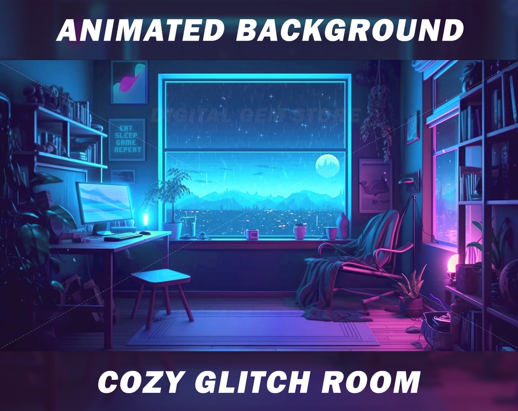 Vtuber animated background, Cozy rain, Cyberpunk glitch background, synthwave style, neon background, vtuber room, cozy background