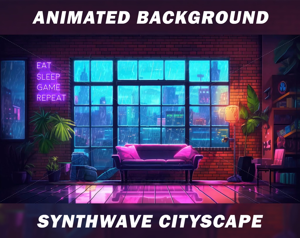 Animated vtuber background, Synthwave cityscape background, streaming background, cyberpunk, cozy background