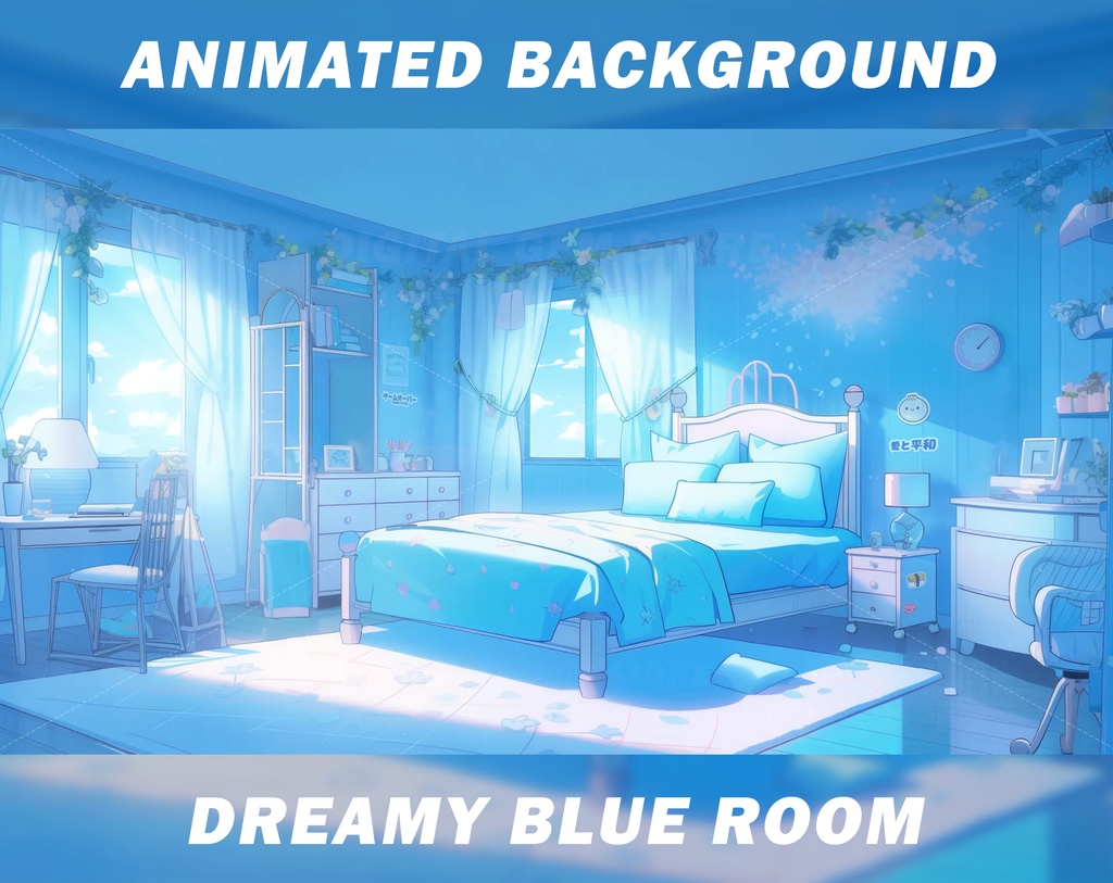 Animated vtuber background, Dreamy blue room, Cozy room, Anime, lofi, stream background, vtuber room