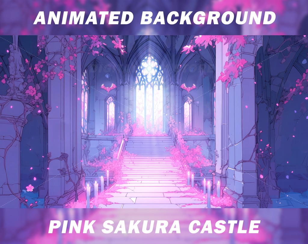 Vtuber Animated Background for Twitch, Pink Sakura Castle, Cherry blossom, pastel goth, anime halloween stream background, looped background 