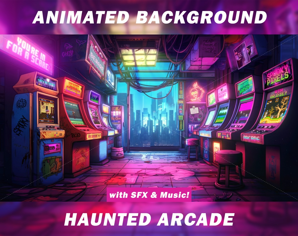 Animated vtuber background, Haunted arcade background, spooky, Halloween, gamer, stream background, looped vtuber background 