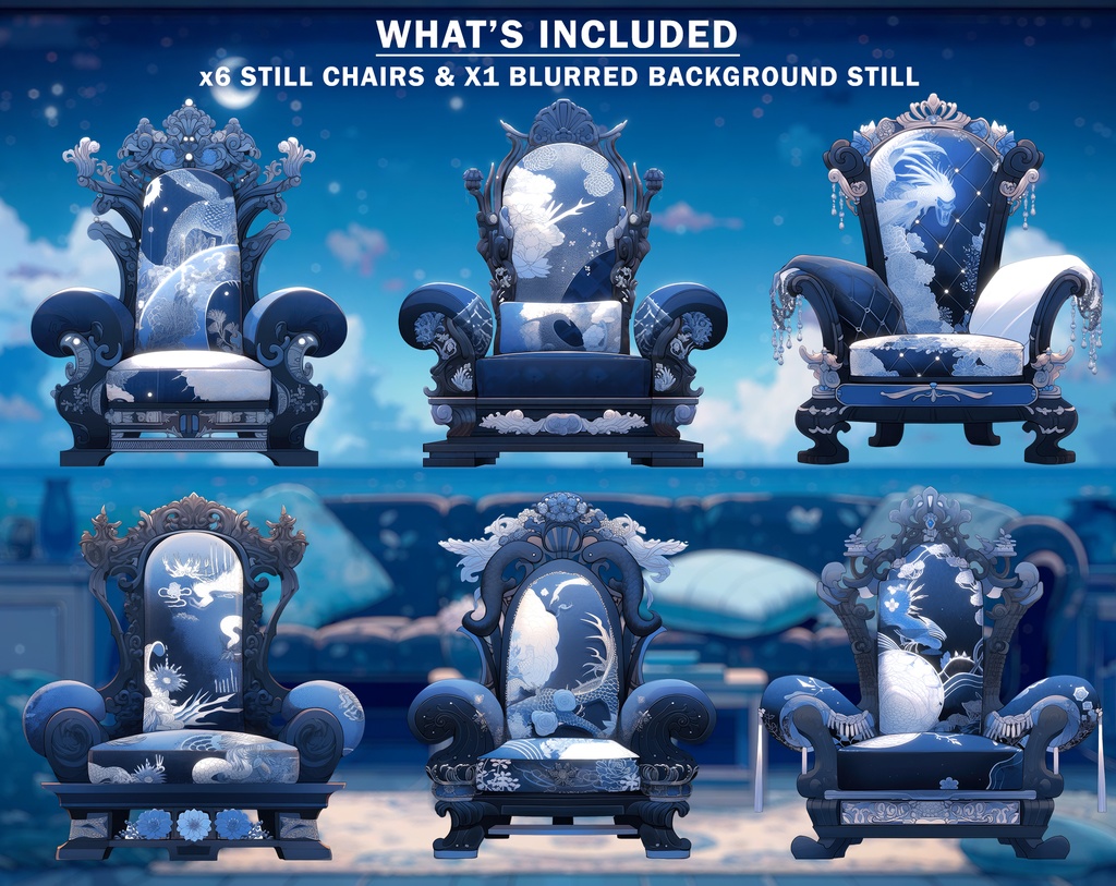 x6 Vtuber Chairs, Vtuber background, Japanese style, Blue themed, cozy calm chairs, assets, VTuber, , vtube, vdroid