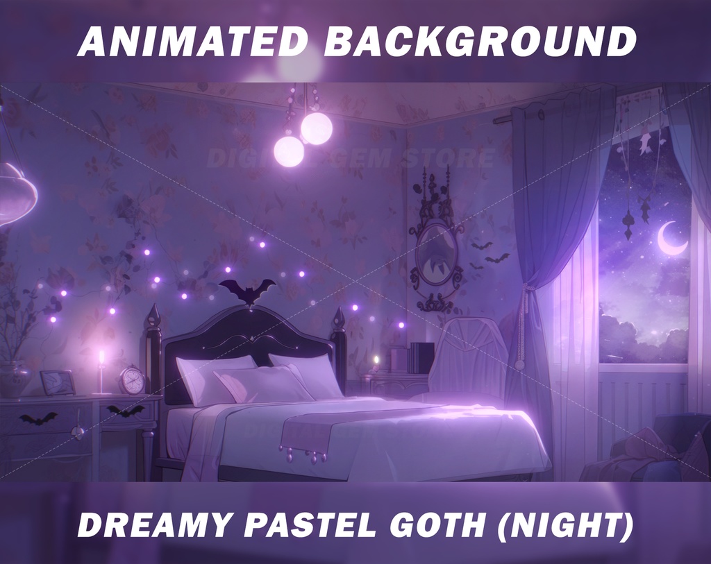 Animated Vtuber Background for Twitch, Pastel goth room night, Dreamy pastel room, Anime, gothic, stream background, looped background