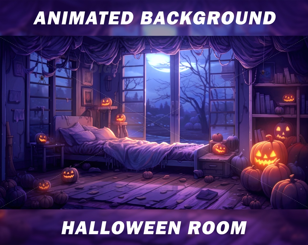 Animated Halloween Vtuber Background for Twitch, Halloween bedroom, stream background, looped background, looped vtuber background