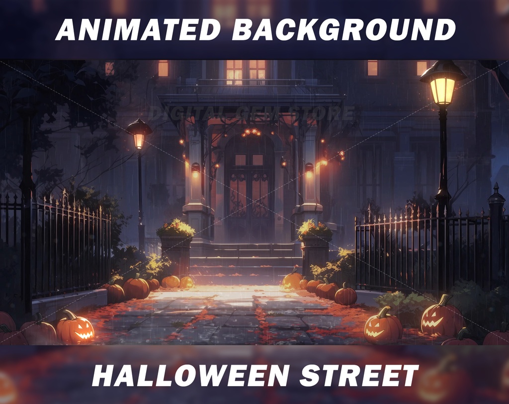 Animated Halloween Vtuber Background for Twitch, Halloween street, cozy rain, stream background, looped background, looped vtuber background 