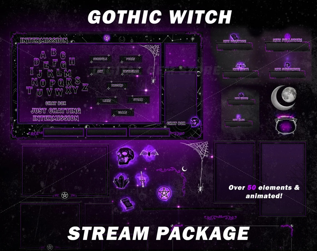 Gothic stream package, twitch stream overlay, stream decoration, gothic vtuber assets