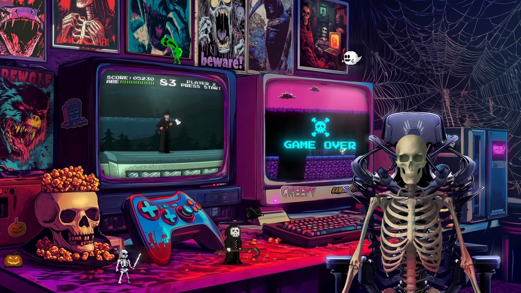 Animated vtuber background, Retro Horror Game Room, Horror Background, Retro, 8bit, pixel art, Arcade, Horror streamer, Halloween, Spooky