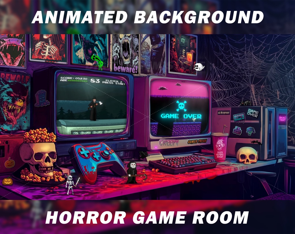 Animated vtuber background, Retro Horror Game Room, Horror Background, Retro, 8bit, pixel art, Arcade, Horror streamer, Halloween, Spooky