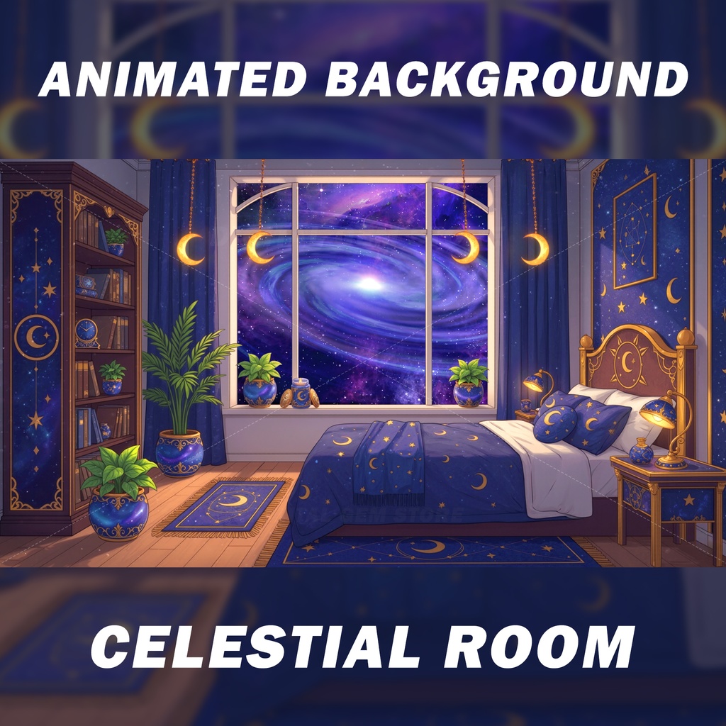 Animated vtuber background, Celestial Room, Cosmic Background, stars, crescent, moon 