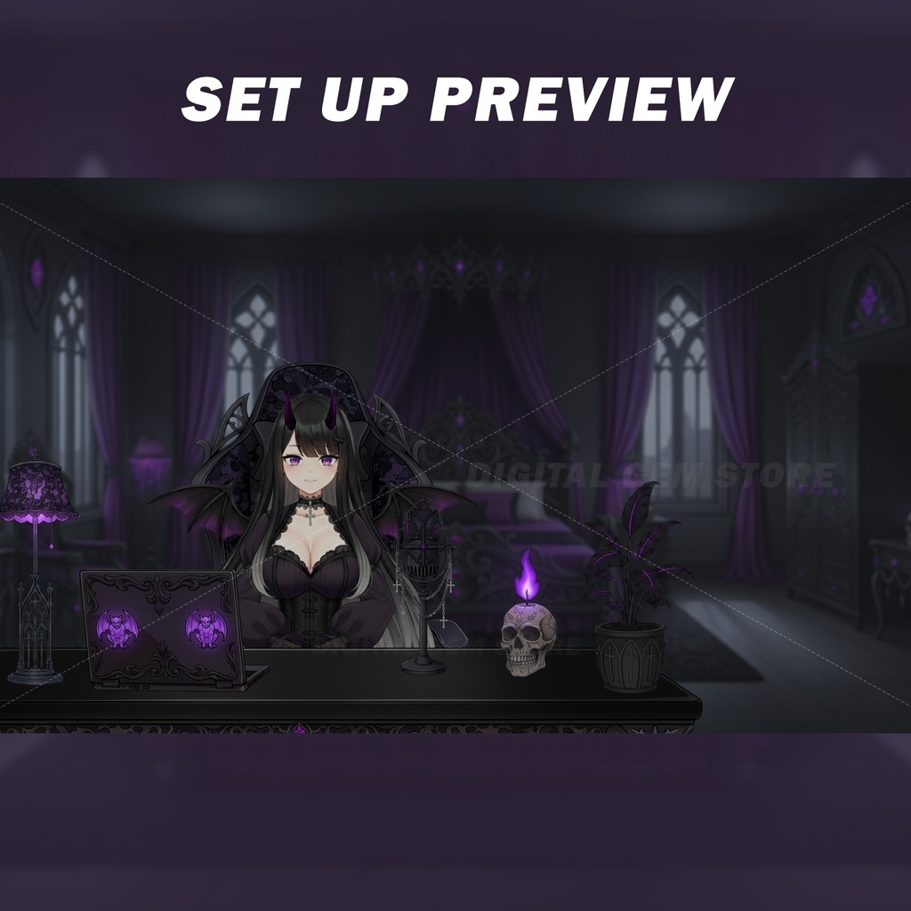 Gothic VTuber Room Asset Pack and Background | Witchy | Gaming Chair, Desk, Microphone | VTuber Props | Overlay - 2D Streaming Kit