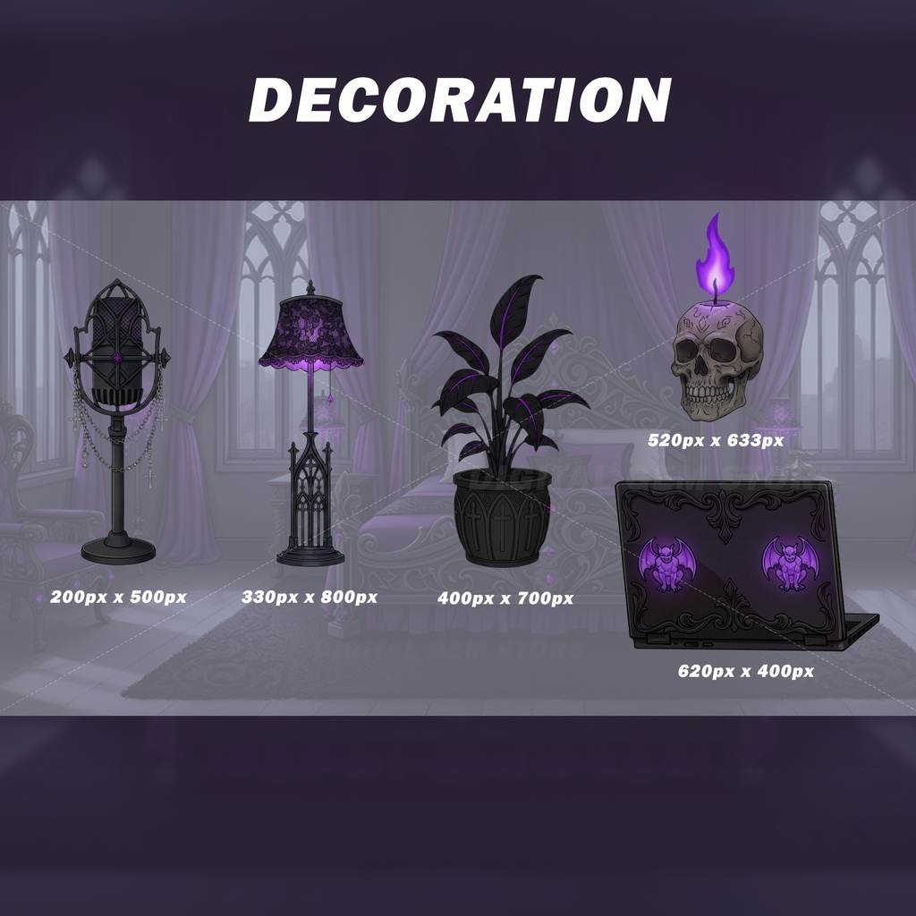 Gothic VTuber Room Asset Pack and Background | Witchy | Gaming Chair, Desk, Microphone | VTuber Props | Overlay - 2D Streaming Kit