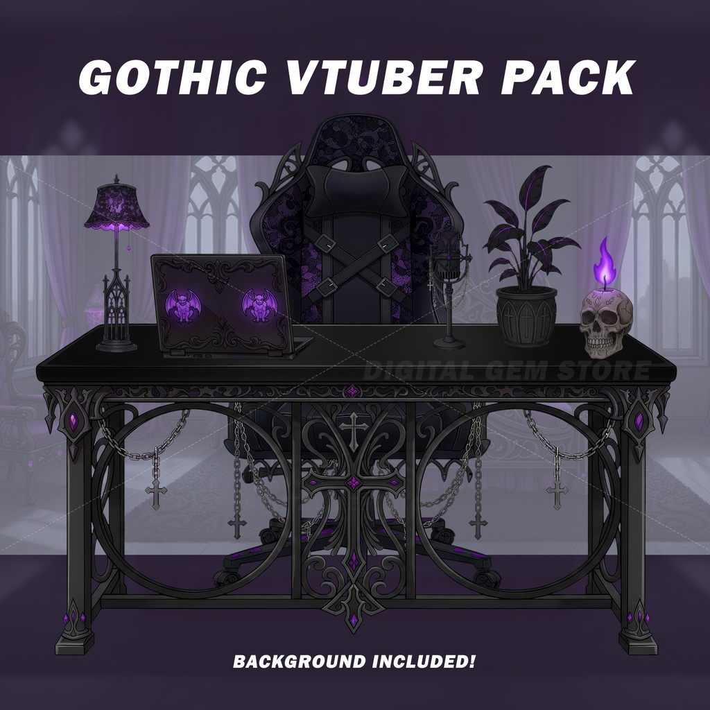 Gothic VTuber Room Asset Pack and Background | Witchy | Gaming Chair, Desk, Microphone | VTuber Props | Overlay - 2D Streaming Kit