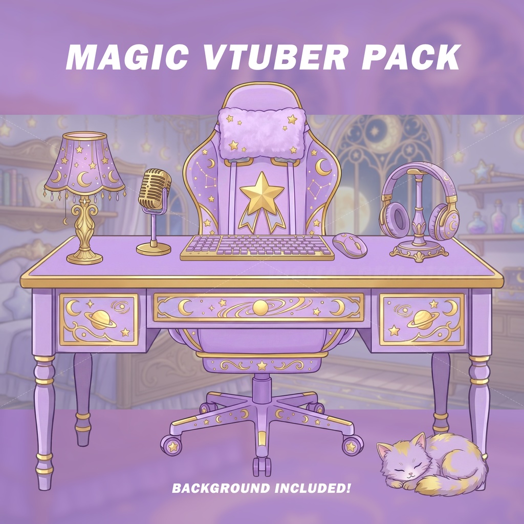  Magic VTuber Assets Pack and Background | Kawaii | Gaming Chair, Desk, Microphone | VTuber Props 