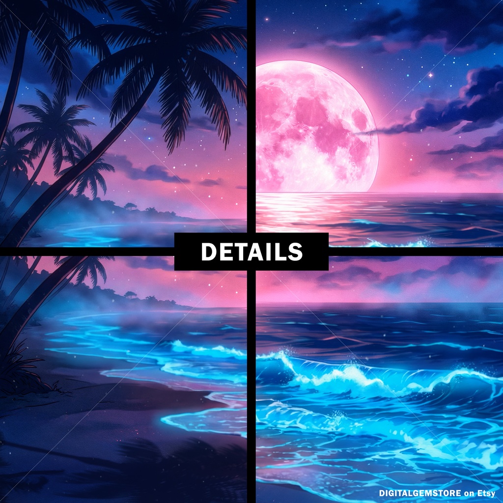 Neon Tropical Beach Animated Vtuber Background - Ocean Wave Loop (Digital Download)