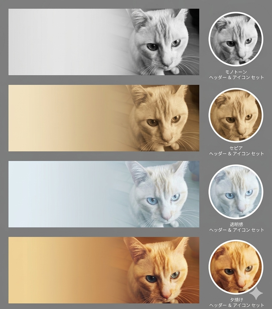 【SNS用素素材】猫のヘッダー＆アイコンセット（4色展開）