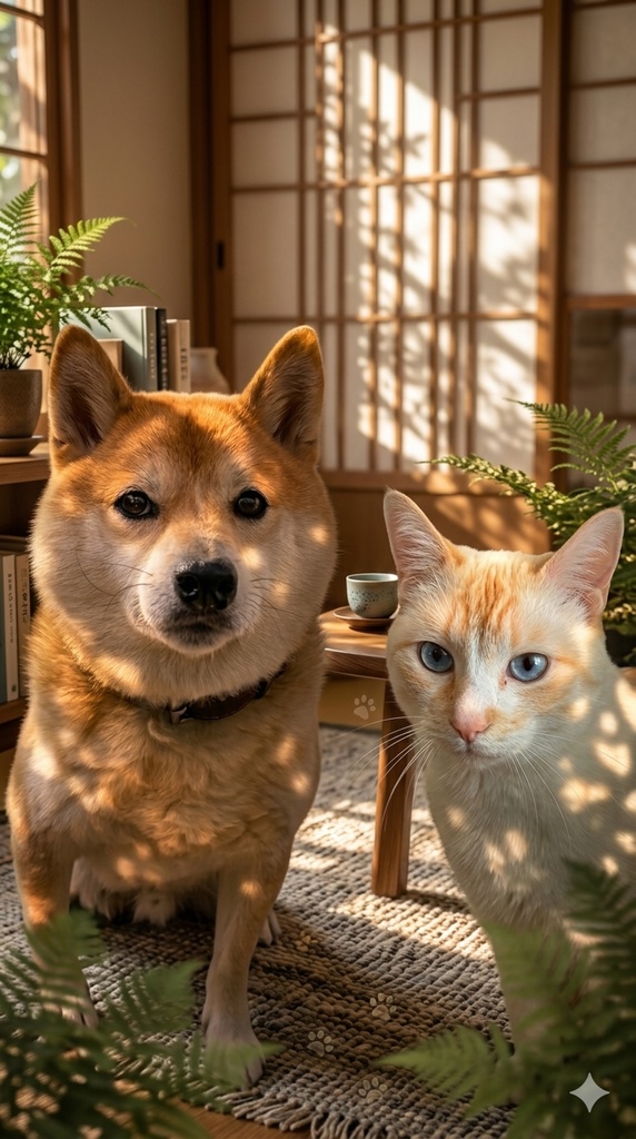 【無料配布】スマホ壁紙：和室の仲良しコンビ（柴犬＆猫）