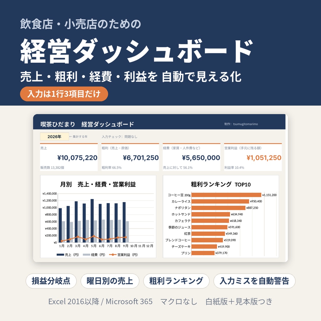 飲食店・小売店のための経営ダッシュボード｜売上・粗利・経費・利益を自動で見える化（Excel）