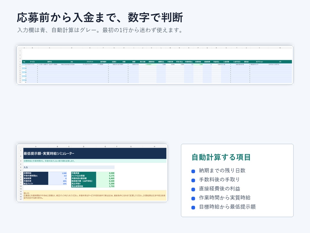 クラウドソーシング案件管理Excel|応募・納期・手取り・時給を自動集計