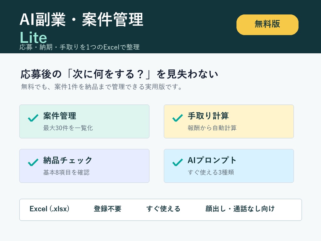【無料】クラウドソーシング案件管理Excel|応募・納期・手取りを整理
