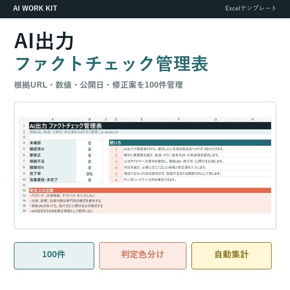 AI出力ファクトチェック管理表｜根拠URL・数値・公開日を100件管理