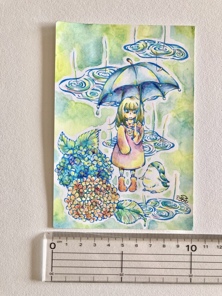 ミニ原画【あじさいと雨】