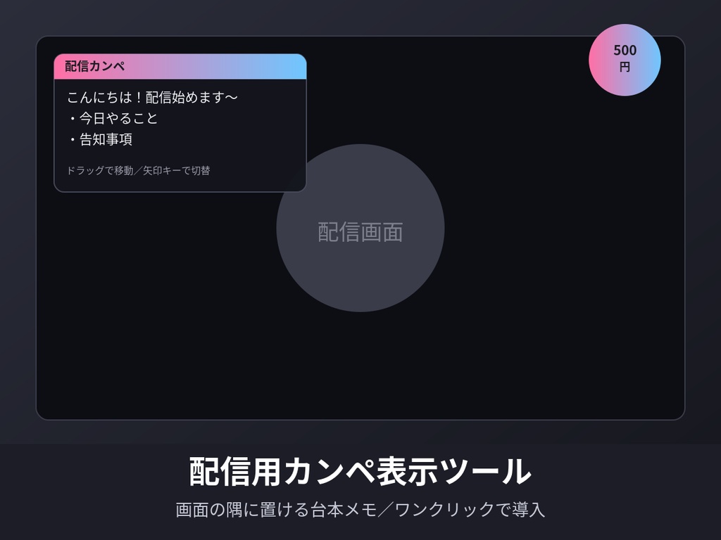 配信用カンペ表示ツール - 画面の隅に置ける台本メモをワンクリックで